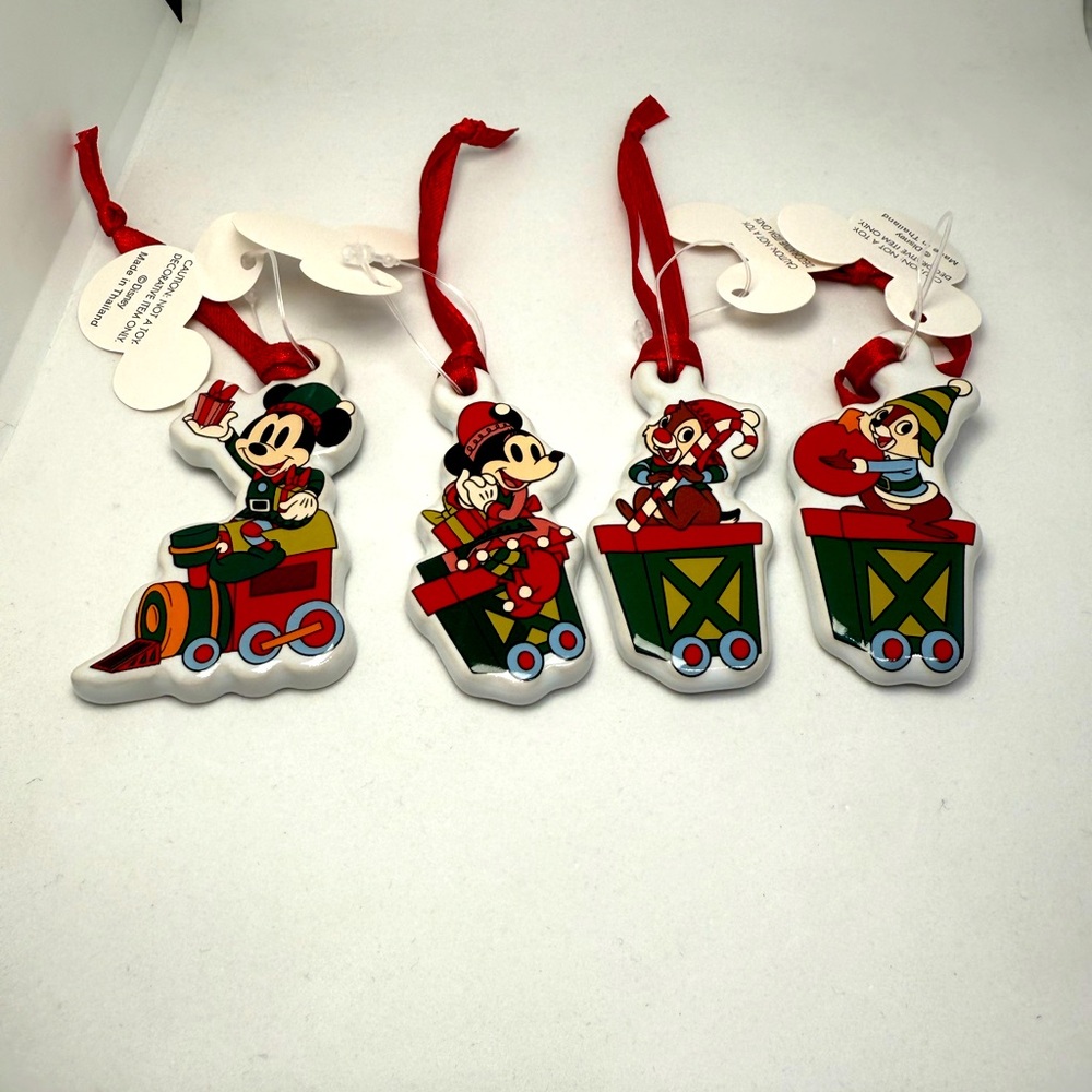 Disney Parks Mickey Minnie Mouse Chip & Dale Train Ornament Ornaments Set of 4